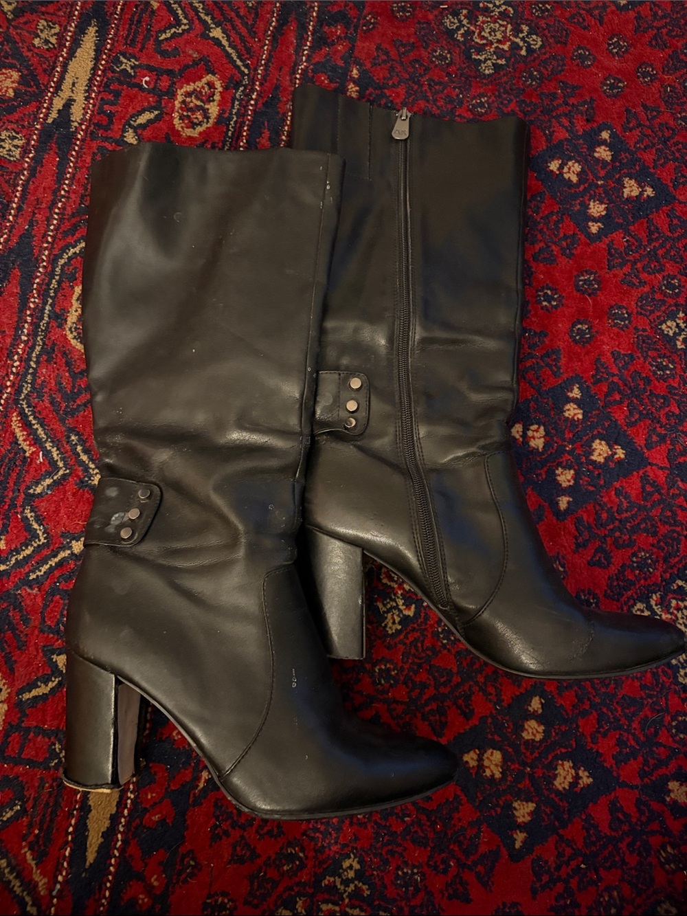 Anne Klein Black Leather Knee-High Block Heel Boots
